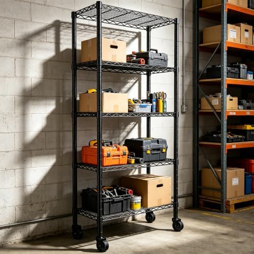 REGILLER 5-Wire Shelving Metal Storage Rack Adjustable Shelves,Standing Storage Shelf Units for Laundry Bathroom Kitchen Pantry Closet(Black,14.1" D x 30" W x 82" H,With Wheels) - Image 5