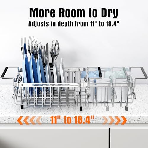 Expandable Dish Drying Rack in Sink,Stainless Steel Over The Sink Dish Drainer Drying Rack for Kitchen Counter,with Utensil Holder,Silver - Image 2