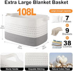 OIAHOMY 108L Extra Large Blanket Basket, 25”x16”x16” Rectangle Woven Cotton Rope Baskets for Living Room, Toy Storage with Handle- Gradient Grey - Image 3