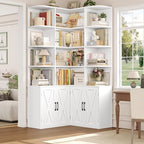 FINETONES 74" Tall Corner Bookshelf, White Bookshelf with Doors - Image 3