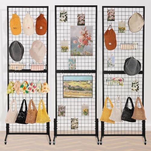 3 Packs 1.8' x 5.7' Grid Wall Panels Standing Wire Grid, Display Rack with T-Base Wheels Freestanding Gridwall Panel Tower for Shows, Black - Image 2