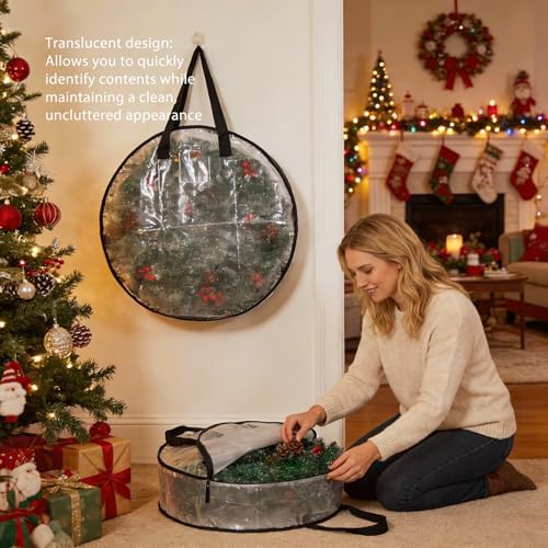 Hayoulabo 4 Pack Clear Christmas Wreath Storage Bags 24 Inch - Waterproof Wreath Container with Dual Zipper and Reinforced Handles for Artificial Wreath, Garland and Holiday Decor Organization - Image 2