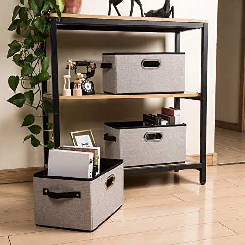 PRANDOM Large Fodable Storage Bins for Closet [3-pack] Decorative Linen Fabric Storage Bins Cubes with Leather/Metal Handles for Shelves Bedroom Living Room Light Grey (14.9x9.8x8.3 Inch) - Image 3