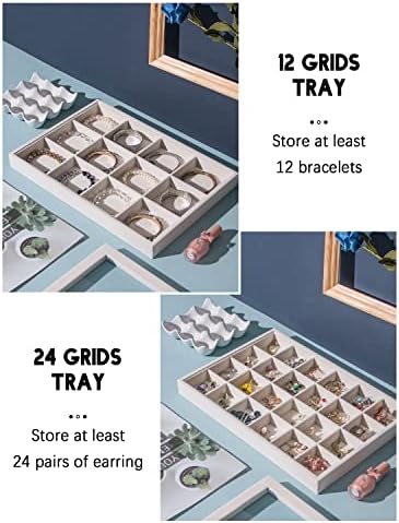 Coward Set of 5 Stackable Jewelry Organizer Tray Necklace Earring Box Storage Ring Bracelet Display Holder (beige(ring+necklace+12girds+24girds+The glass lid)) - Image 5