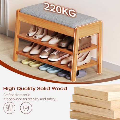 PARTPHONER Shoe Rack Bench with Storage, 2-Tier Solid Wood Entryway Bench with Cotton-Linen Cushion, Multipurpose Storage Organizer Bench for Bedroom, Hallway, Living Room, 31.5” - Image 4