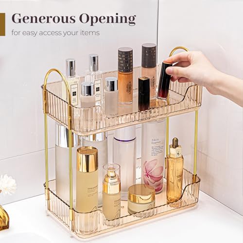 Aveniee Bathroom Counter Organizer, 2 Tier Perfume Skin Care Countertop Storage Shelf, Vanity Makeup Tray for Cosmetic Skincare Lotion, Gold - Image 4