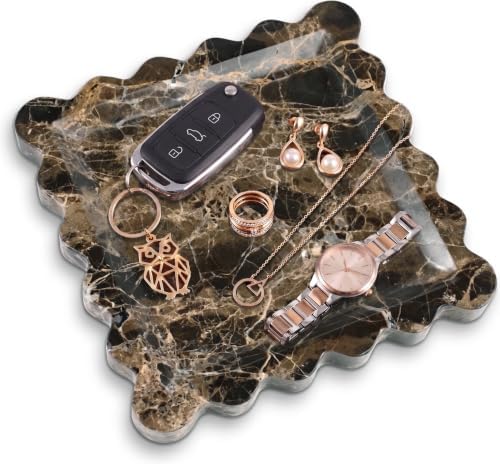 Scalloped Square Marble Decorative Tray, Natural Stone Vanity & Jewelry Tray, Trinket Organizer for Ring, Key, Dresser, Nightstand, Bathroom Counter & Kitchen Sink(Dark Brown Net) by Unknown