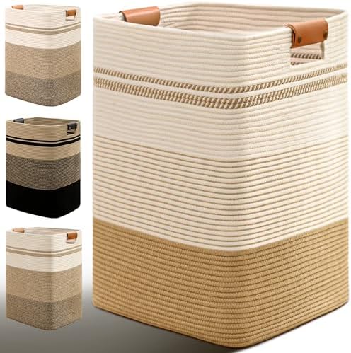 Laundry Hamper, 75L Tall Laundry Basket with Leather Handles, Rectangle Large Clothes Hamper for Organizing, Cotton Woven Laundry Baskets Storage Hampers for Bedroom, Nursery, Living Room by Degeyoyo