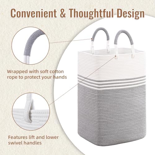 Laundry Basket Hamper,Blanket Storage,Dirty Clothes Hamper with Swivel Handles,Woven Cotton Rope Toy Baskets,Blanket Basket Living Room,Decorative Hampers for Nursery,Bedroom,White & Gray,100L - Image 2