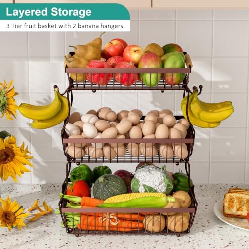 3 Tier Fruit Basket for Kitchen Counter with 2 Banana Hangers, Countertop Metal Fruit Bowl with Wooden Handle, Large Storage Stand for Vegetables, Snacks, Breads, Produce Storage – Brown - Image 2