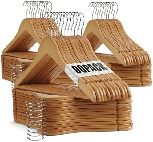 Wooden Hangers 90 Pack,Wooden Clothes Hanger for Daily Used,Heavy Duty Wood Hangers with Pant Bar & Precisely Cut Notches,Premium Hanger for Heavy Coats,Shirts,Suits,Dresses (Natural) by Uinicor