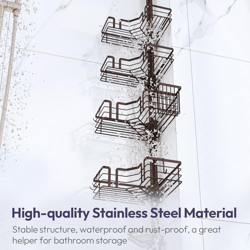 SWTYMIKI Shower Caddy Tension Pole - 4-Tier Corner Shower Organizer Tension Rod with Soap Holder, Toothbrush Holder & 4 Hooks, Adjustable Stainless Steel Bathroom Organizer 27.6 to 108.3 inch, Bronze - Image 5
