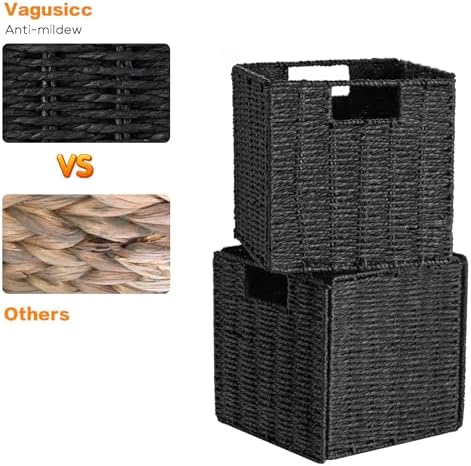 Vagusicc Wicker Basket, Set of 2 Woven Storage Baskets for Shelves, Foldable Cube Storage Basket Bins with Handles, 9 inch Small Storage Baskets for Organizing Pantry Bedroom, Black - Image 6