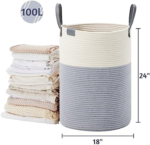 VIPOSCO 100L Tall Woven Rope Laundry Hamper, Leather Handles, Grey & White - Image 5