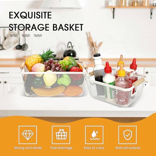 Maxcheck 6 Pack 3 Size Metal Wire Baskets with Wood Handles, Cream White - Image 3