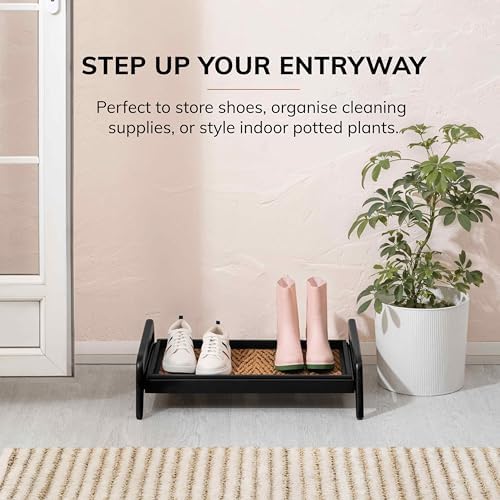 Anji Mountain Heavy Duty Waterproof Wooden Shoe Storage Mat Organizer/Boot Storage Tray Multi Use for Entryway with Coir, Tan and Black Insert, 1 Tier, Fits 2 Pair (26.5" Wide) - Image 2