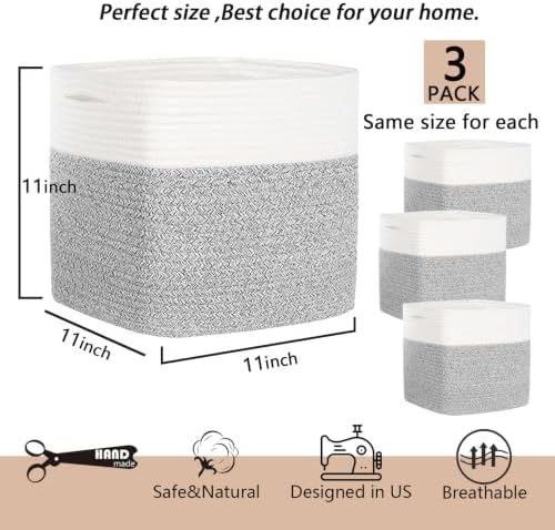 COMFY-HOMI 3PACK Cotton Rope Square Basket with Handles for Shelves|Dog Toy Bin and Storage|Baby Gift|Shoe Organizer|New 11" x 11" x 11" for Living Room - Image 3