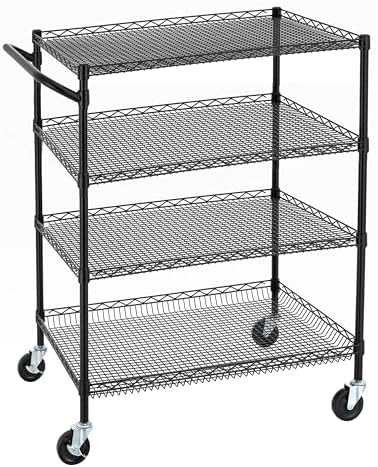 Finnhomy 4 Tier Heavy Duty Commercial Grade Rolling Cart with Handle Bar, Metal Wire Utility Cart with Wheels, Service Trolley on Wheels, Shelf Size 24" D x 36" W, NSF, Black by Finnhomy