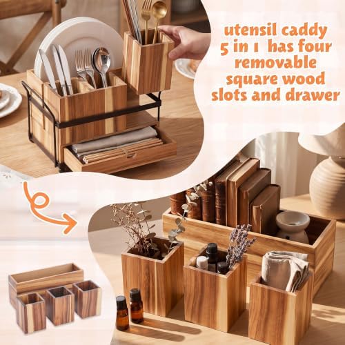 Qunclay Acacia Wood Silverware Caddy with Drawer, 4 Compartments - Image 4