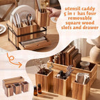 Qunclay Acacia Wood Silverware Caddy with Drawer, 4 Compartments - Image 4