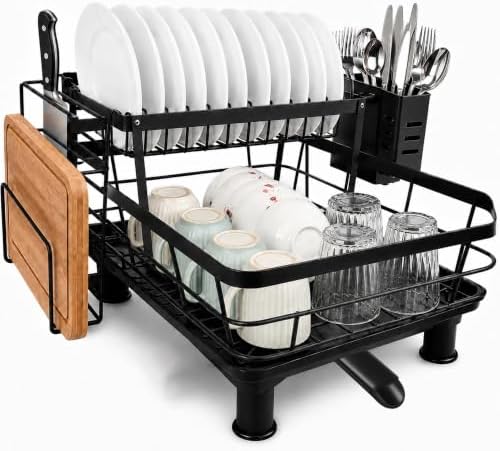Kitchen Dish Drying Rack, Compact 2-Tier Stainless Steel Dish Drainer for Countertop with Quick-Drain Tray, Elevated Base, Utensil Holder and Adjustable Drain Spout, Black by Unknown