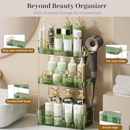 Aveniee Bathroom Counter Organizer,3 Tier Skincare Perfume Countertop Storage with Hair Dryer Rack and Toothbrush Holder, Cosmetic Makeup Tray for Vanity - Green - Image 3