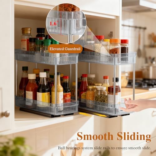 DABIGE 3 Pack Pull Out Spice Rack Organizer for Cabinet, 2 Tier Slide Out Spice Racks Organizer, Spice Cabinet Organizers, Cabinet Size Need:12'' High x 11'' Deep x 5'' Wide, Clear Acrylic - Image 3