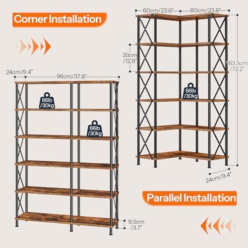 HOOBRO Corner Bookshelf, 6-Tier L-Shaped Bookcase, Industrial Open Display Shelf Tall Storage Organizer, Vertical Storage Rack, for Living Room, Home Office, Rustic Brown and Black BF61SJ01 - Image 3
