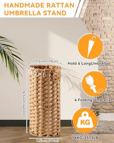 Rattan Umbrella Stand for Entryway,Hand-Woven Umbrella Holder Indoor with Doormat, Removable Drip Tray & 4 Hooks,Waterproof Umbrella Storage Basket - Image 5