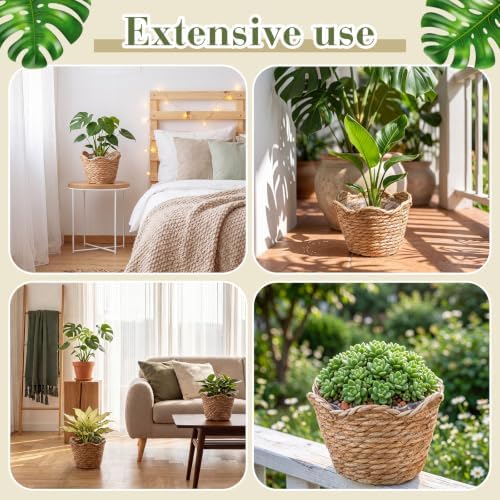 4 Pack Seagrass Woven Plant Basket with Waterproof Plastic Liner, Wicker Straw Storage Basket for Indoor Outdoor Plants, Laundry Organizer (6.3" x 5.51" x 5.12") - Image 6