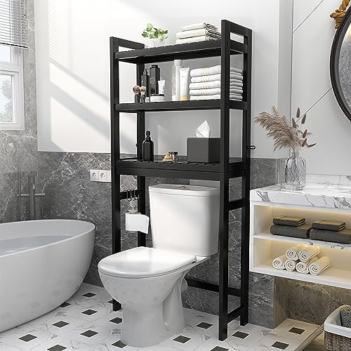 Homykic Over The Toilet Storage, 3-Tier Bamboo Bathroom Shelf, Black - Image 2