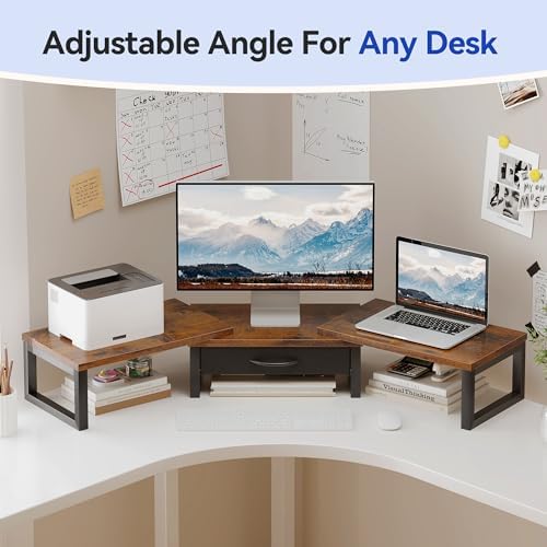 Desk Organizers and Accessories, Dual Monitor Stand Riser with Drawer, Computer Monitor Stand, Adjustable Desk Shelf for PC Laptop Printer TV, Brown - Image 5