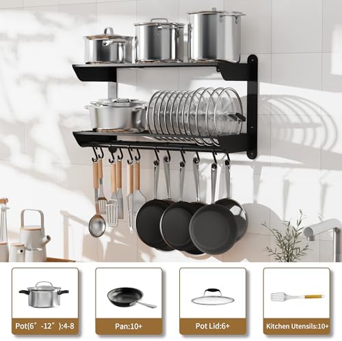 YIGII Wall Mounted Pot Rack 30 Inch, 2-Tier Kitchen Storage Shelf - Image 2