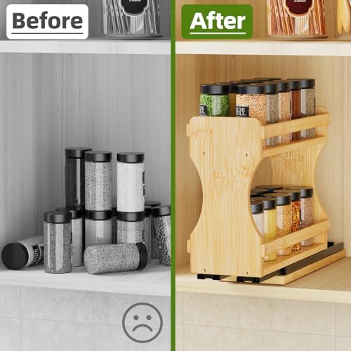 BAMEOS Pull Out Spice Rack Organizer for Cabinet, Bamboo Wide 4.2" Slide Out Seasoning Organizer for Kitchen, No Drill Anti-Tip Ball Bearing Silent Glides, Pantry Cabinet Organizer,Natural - Image 7