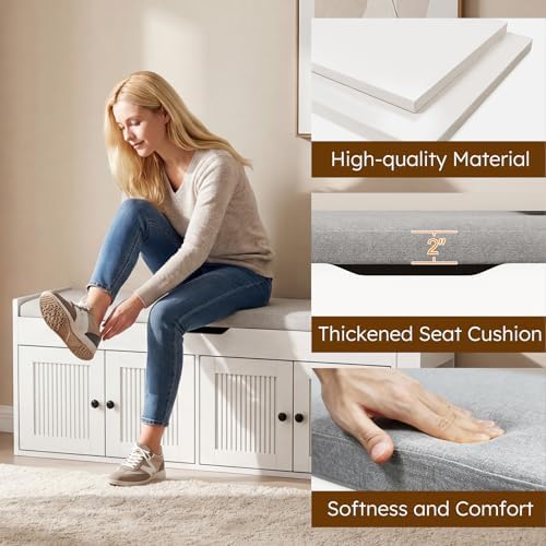 47.2" Storage Bench - Entryway Shoe Bench with Side Storage Shelves and 4 Doors, Multifunctional Entryway Bench with Lift Top Cushion, Shoe Storage Bench for Bedroom, Living Room, White - Image 7