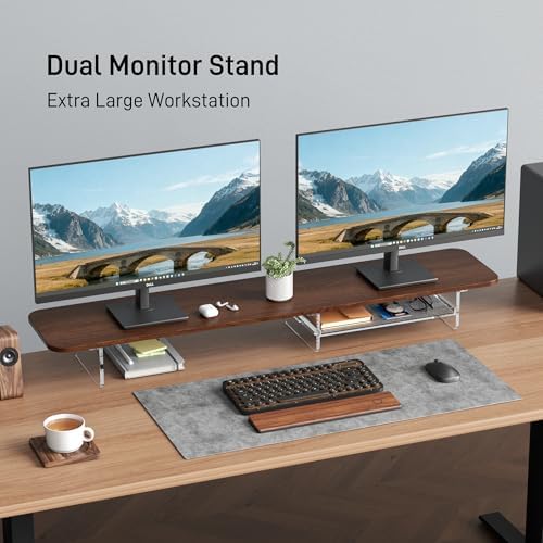 Dual Monitor Stand 43 Inch Extra Large Monitor Riser for Desk, Acrylic Clear Legs Desk Organizer Shelf with Felt Lining Storage Drawer, Compatible with Computer Laptop PC Printer Flat Screen TV - Image 2