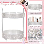 Honeydak Rotating Perfume Organizer Tray, 2 Tiers, Rhinestone, White - Image 3