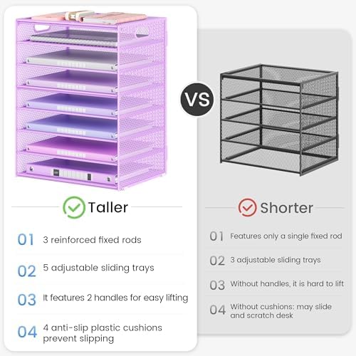 Lavatino 2 Pack 8-Tier Office Desk File Organizer, Letter Tray Paper Organizer with Handle, Including 5 Adjustable Slide Trays for Organizing Desk Workspace Accessories and Supplies (Purple Mesh) - Image 3