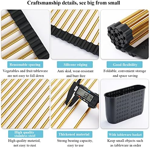 Berglander Gold Dish Drying Rack Over The Sink, L17.5*W 15" Rollable Tianium Golden Plating Stainless Steel Dish Rack with Removable Storage Basket, Perfect for Kitchen Sink - Image 6