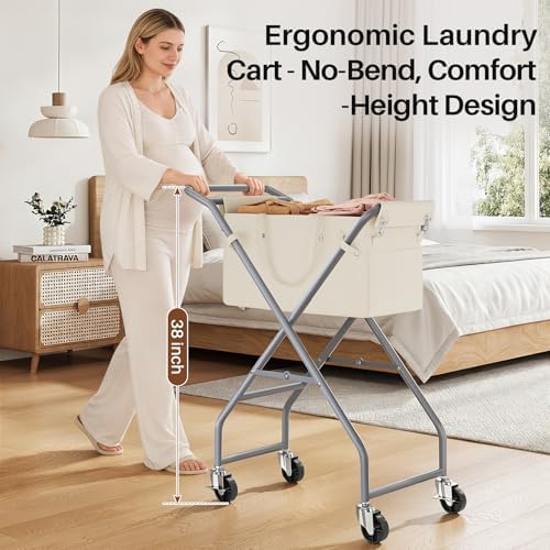 No-Bend Laundry Cart Rolling Hamper with Locking Wheels & Handle, Foldable Basket Screw-Free Assembly, Durable Metal Frame & Removable Liner Bag for Bedroom & Bathroom (Beige) - Image 3