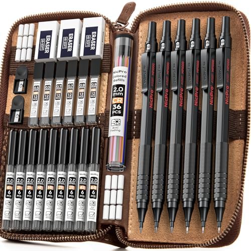 Nicpro 30PCS Black Metal Mechanical Pencil Set in Leather Case by Nicpro