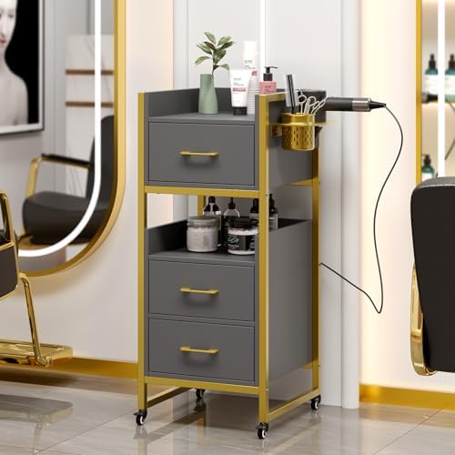 OmySalon Salon Trolley Cart, Hair Styling Station with 3 Drawers, 2 Open Shelf & Tool Holders, Mobile Barber Storage Cabinet Utility Trolley for Beauty Salon Spa, Gery - Image 2
