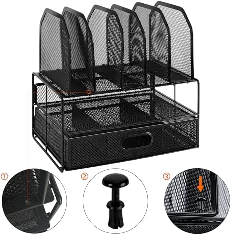Amazon Basics Mesh Desk Organizer with Sliding Drawer, Double Tray and 5 Upright Sections, File Holder for Office Supplies, Paper Letter Tray, Black - Image 2