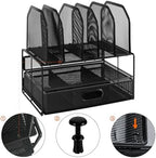 Amazon Basics Mesh Desk Organizer with Sliding Drawer, Double Tray and 5 Upright Sections, File Holder for Office Supplies, Paper Letter Tray, Black - Image 2