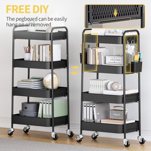 TOOLF 4 Tier Rolling Cart, Metal Utility Storage Cart with Pegboard, Black - Image 6