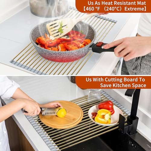 Golden Expandable Roll-UP Dish Drying Rack-Large 304 Stainless Steel Dish Drainer Over The Sink for Kitchen Countertop,Extendable & Rollable & Food Grade (Gold,22.08'x 13.2') - Image 5