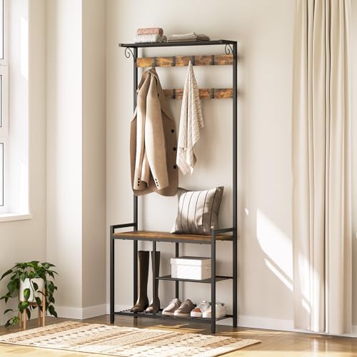 YATINEY Coat Rack Shoe Bench, 4-in-1 Hall Tree with Storage Shelves and Hanging Rod, Entryway Storage Organizer with 8 Movable Hooks, for Entryway, Hallway, Corridor, Rustic Brown and Black MT12BR - Image 2