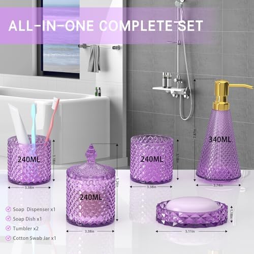 Purple Glass Bathroom Accessories Set 5 Pcs, Purple Bathroom Set, Soap Dispenser and Toothbrush Holder Set, Qtip Holder Set, Vintage Bathroom Sink Set, Cute Bathroom Decor - Image 6