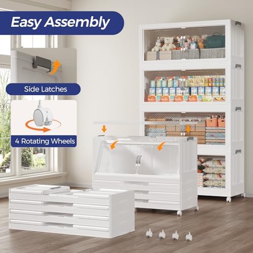45GAL (180QT) Collapsible Plastic Storage Bins with Lid & Wheels, Extra Large Stackable Closet Organizers Storage Boxes, Folding Cabinet for Home Kitchen Office, 3Pack White - Image 6