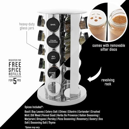 Kamenstein 20 Jar Revolving Countertop Spice Rack with Spices Included, FREE Spice Refills for 5 Years, Polished Stainless Steel with Black Caps, 30020 (Pack of 2) - Image 3